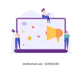 People are engaged in PR, targeting, marketing. Successful work on the Internet and office. The concept of journalism, advertising, online advertising in flat design
