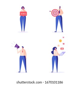 People are engaged in PR, targeting, marketing. Successful work on the Internet and office. The concept of journalism, advertising, online advertising in flat design