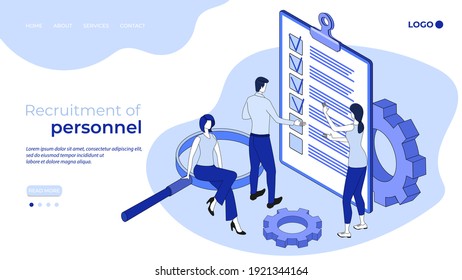 People are engaged in recruitment.Search for employees, study the questionnaire and resume.The concept of employment.3D image.Isometric vector illustration.The landing page template.