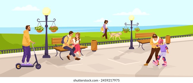 People engaged in various activities at a park, vector illustration on a sunny outdoor background, concept of leisure and recreation. Vector illustration