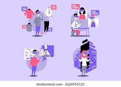 People engaged in various online shopping activities, showcasing clothing, fittings, and discussions. Social aspect of virtual shopping experiences concept