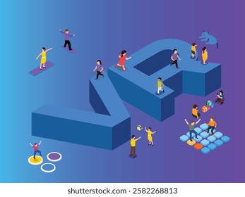 People Engaging in Activities on Abstract Pathway 3d isometric vector illustration