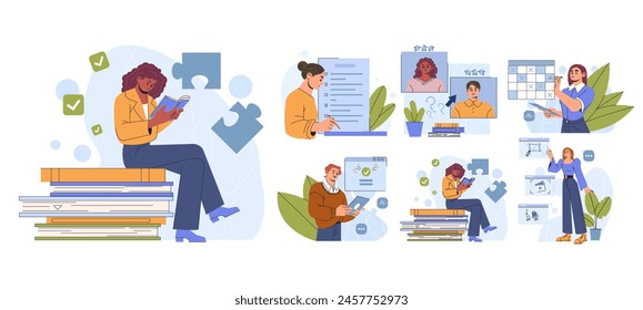 Menschen, die unterschiedliche Aufgaben wahrnehmen. Lesen, Schreiben, Technik nutzen, Multitasking-Konzept, Schulungen, Seminare, zurück zur Schule, Online-Kurse. Set von Vektorillustrationen isoliert auf Weiß