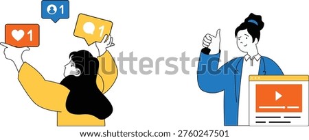 People engaging with social media content and a video presentation receiving positive feedback