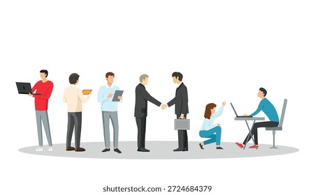 Personas que participan en diversas actividades. Algunos trabajan en computadoras portátiles, mientras que otros tienen discusiones y hacen tratos. Concepto de colaboración y comunicación