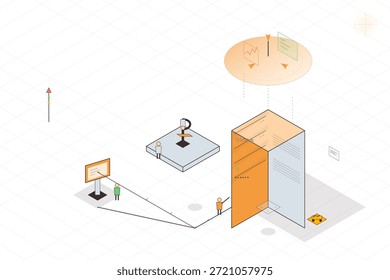 Las Personas se están involucrando con varios Elementos en un espacio digital. Dos figuras están en las pantallas mientras que otro analiza los datos. Diferentes Formas y líneas conectan los componentes.
