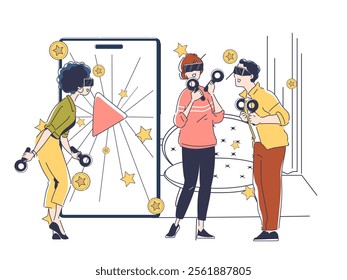 People engaging in virtual reality game, wearing VR headsets, holding controllers. Stars, coins, and play icon emphasize gaming experience. Concept of technology and entertainment. Vector illustration