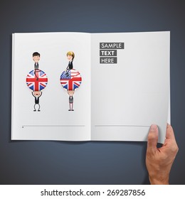 People with english icons printed on book