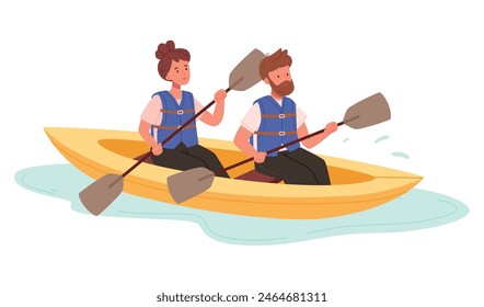 Las Personas disfrutan de la Ilustración vectorial activa de los deportes acuáticos. El hombre y la mujer extremos rafting, kayak, piragüismo y vela aislados. Persona diversa en chaleco protector