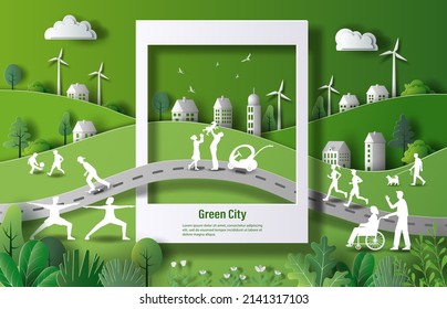 People enjoy activities outdoor, save the planet and energy concept, paper illustration, and 3d paper.