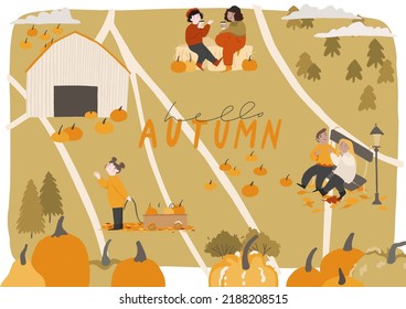 People Enjoy Autumn, Banner, Background, Card Concept. Couple On Bench, Girlfriends Chatting, Cute Fun Girl. Fall Landscape, Farm Festival Map, Park, Outdoor Autumn Activity. Pumpkins, Foliage, Flags