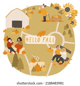 People Enjoy Autumn, Banner, Background, Card Concept. Couple On Bench, Girls Catting, Drinking Coffee. Fall Landscape, Map Of Farm Festival, Park, Outdoor Autumn Activity. Pumpkins, Foliage, Flags