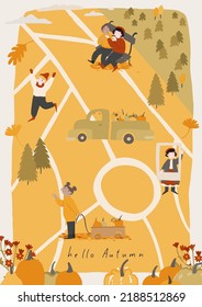 People enjoy Autumn, banner, background, card concept. Couple on bench, girl lying in leaves, happy boy. Fall landscape, map of park, old town, outdoor Autumn activity. Pumpkins, foliage, flags.