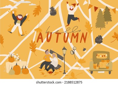 People enjoy Autumn, banner, background, card concept. Couple on bench, girl lying in leaves, happy boy in warm clothes. Fall landscape, map of park, outdoor Autumn activity. Pumpkins, foliage, flags.