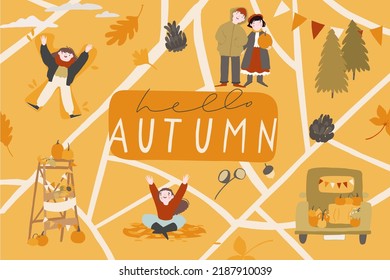 People enjoy Autumn. Walking couple, girl lying in leaves, happy young woman in sweater. Fall landscape, map of park, outdoor Autumn activity. Banner, background, card concept. Pumpkins, foliage, flag