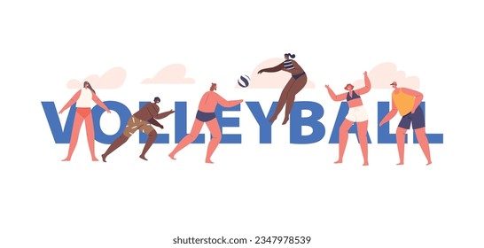 People Enjoy Beach Volleyball By Diving, Spiking, And Serving The Ball On Sandy Shores, Cartoon Vector Poster, Banner