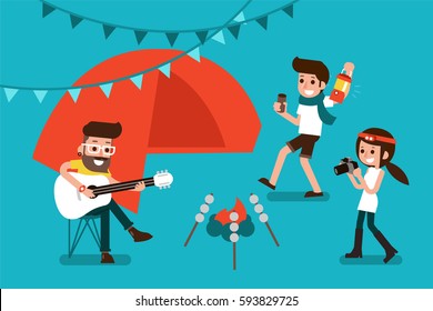 People enjoy camping-party, flat design illustration.