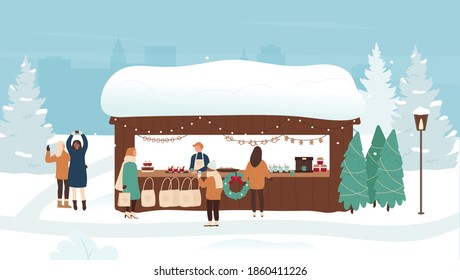 People enjoy Christmas market or holiday outdoor fair on town square vector illustration. Cartoon happy man woman friend characters walk, buy snack food and gifts from market stall or kiosk background