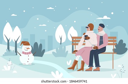 People enjoy Christmas weather vector illustration. Cartoon happy couple characters sitting on park bench, drinking hot drinks and enjoying winter xmas landscape under snow and cute snowman background