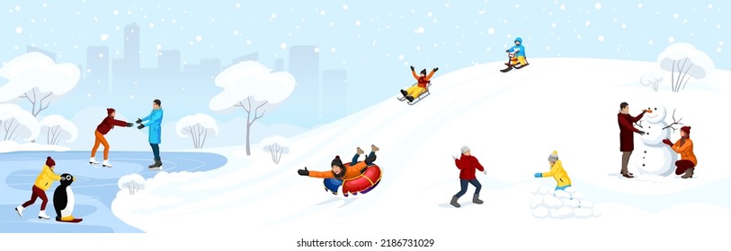 People enjoy in cityscape park at snowy winter season with snowflakes. Skaters on frozen lake ice. Kid drive snow scooter, sliding on tubing. Man, woman and child making snowman. Vector illustration