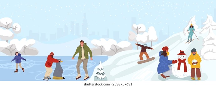 People enjoy in cityscape park at snowy winter season with snowflakes. Skaters on frozen lake ice. People skiing, making snowman, winter vacation family Vector illustration Flat hand drawn 