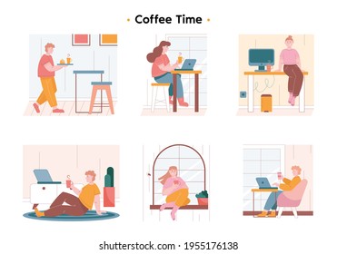 People enjoy coffee in their free time. A girl sits on a windowsill near a large window and drinks coffee. A guy carries coffee with sugar on a tray. Girl enjoying coffee while working at the computer