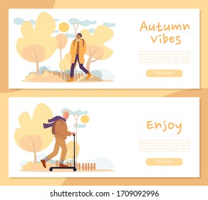 People enjoy cozy autumn vibes header banner set. Afro-american caucasian character man warmly dressed walking, using eco-friendly push kick scooter transport in park. Fall season handwritten slogan