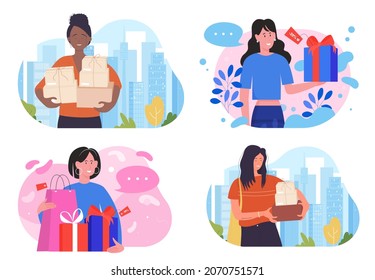 People enjoy discount shop sales set vector illustration. Cartoon girl holding gift box with bow, shopaholic customer woman character with stack of cardboard packagings and bags. Shopping concept