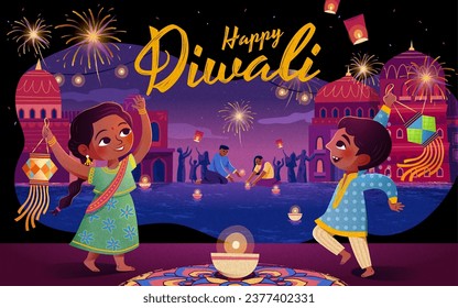 People enjoy Diwali Festival in town. Children holding traditional lanterns around rangoli pattern.