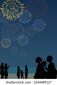 People enjoy fireworks in summer night.