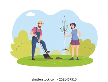 People enjoy gardening and planting. Harvesting farmer man and woman working on field or garden together. Gardener couple agricultural workers planting tree. Dig a hole in ground use shovel vector