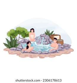 People enjoy geothermal hot springs in Japanese outdoor onsen pool vector illustration. Cartoon characters sitting in pond with rocks to relax and care body skin with thermal cleaning hot springs