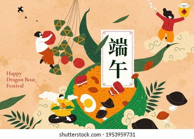 People enjoy giant traditional food rice dumpling as celebration for Dragon Boat Festival. Duanwu holiday name written in Chinese