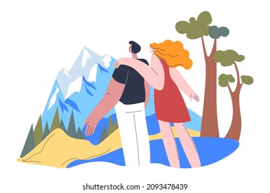 People enjoy mountains views, man and woman cuddling by landscape scene. Couple hiking and traveling during summer vacations and holidays. Male and females surrounded by nature. Vector in flat
