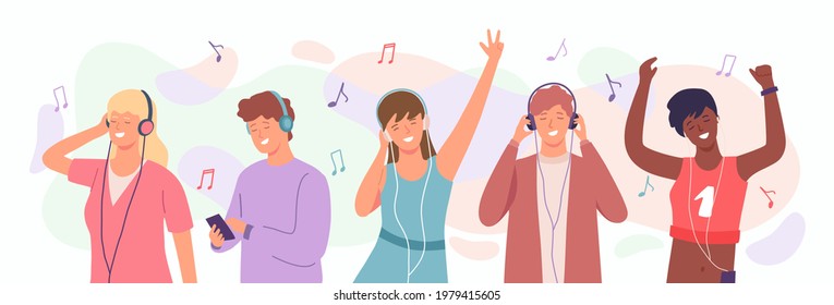 People enjoy music. Man and woman in headphones dancing. Happy teenagers listen songs on mobile. Radio music podcast cartoon vector concept. Woman and man group listen and dancing illustration