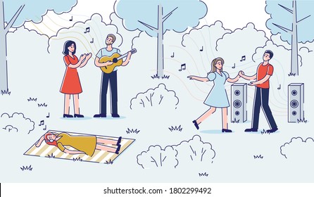 People enjoy music outdoors: street musician singing and playing guitar and couple dancing in park. Street performance concept. Cartoon characters relaxing with music. Linear vector illustration