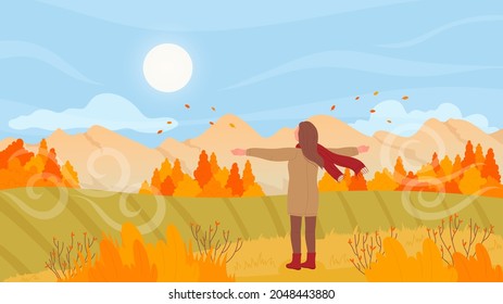 People enjoy nature, sunset in autumn mountain countryside landscape vector illustration. Cartoon happy girl character standing with hands up on field, greeting sun in autumn adventure background