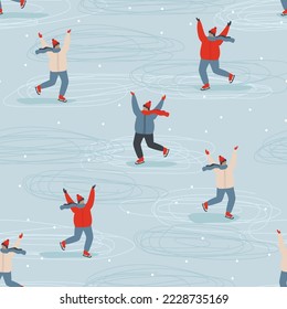 people enjoy outdoors activity at winter park seamless pattern vector flat illustration. pepole ice skating on blue backgorund. Simple winter seamless pattern with people
