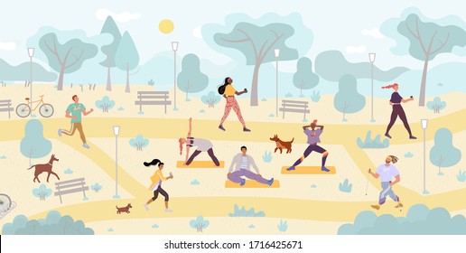 People enjoy physical activity outdoor at park. Multiethnic man woman training, exercising. Character practicing yoga, stretching, pilates, marathon run, nordic sportive walk. Health, wellness, sport