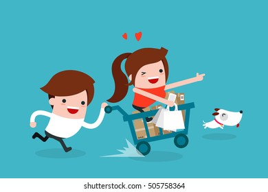 people enjoy shopping, trendy cartoon.