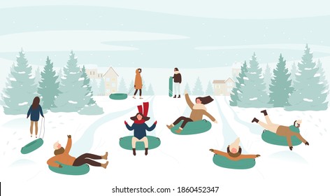 People enjoy sledge winter game, sledding downhill vector illustration. Cartoon young man woman characters ride sleds in snowy nature landscape with snow hill, wintertime healthy activity background