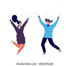 People enjoy snow. Man woman jumping snowfall, flat happy winter characters. Season activity in cold weather vector illustration