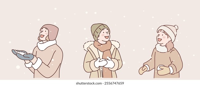 People enjoy the snowy scenery. Hand drawn style vector design illustrations.