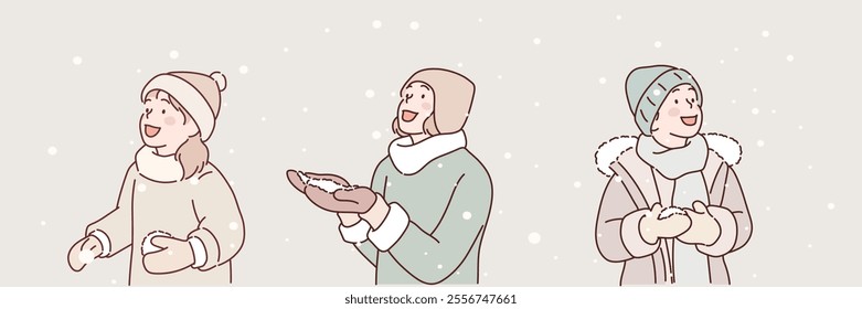 People enjoy the snowy scenery. Hand drawn style vector design illustrations.