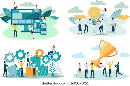 People enjoy success in business, demonstrate adaptive design, show a light bulb and use gears.A set of flat vector illustrations.