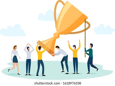 People enjoy success in business.Victory, award Cup.Happy people and a big Cup.Flat vector illustration.