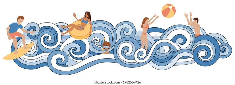 People enjoy summer time in the sea with a background of an abstract waves, a couple playing with a sea ball, a surfer touching a wave, a woman sitting in a swim ring and a man with a snorkel. Vector.