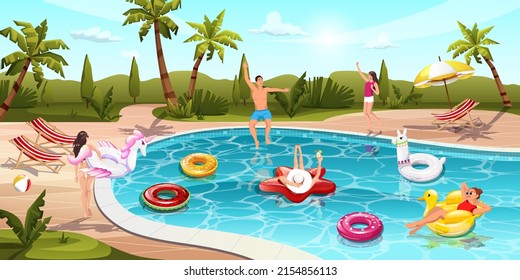 People Enjoy Swimming Pool Party. Sun Shine, Clear Blue Water. Sun Bath, Dance, Float On Inflatable Animal Toy, Tropical Hotel, Sunny Beach, Villa. Young Man, Women, Summer Resort, Vector Illustration