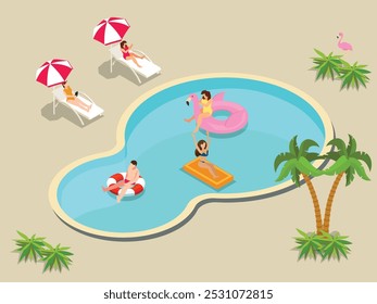 People enjoy swimming pool party 3d isometric vector illustration