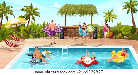 People enjoy swimming pool party. Sun shine, clear blue water. Sun bath, dance, float on inflatable animal toy, Tropical hotel, sunny beach, villa. Young man, women, summer resort, Vector illustration